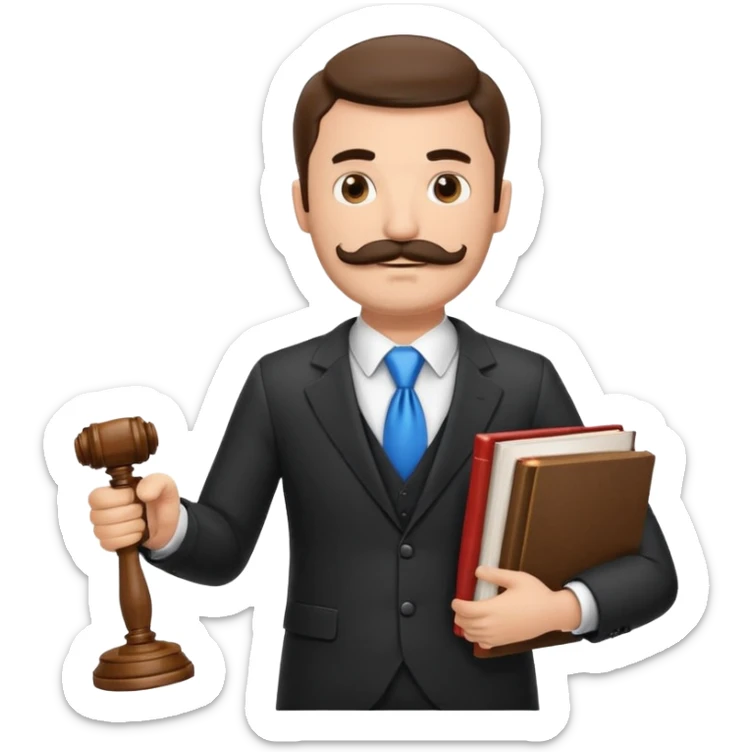 Create a male lawyer. he is wearing a fromal suit jckeret. He is holding a gavel in one hand and a book tucked under his another arm. He has a mustache and BEARD both! sticker