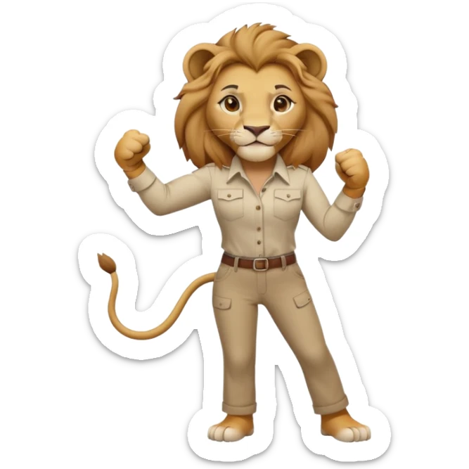 friendly anthropomorphised female lion in a shirt and pants doing a fist pump sticker