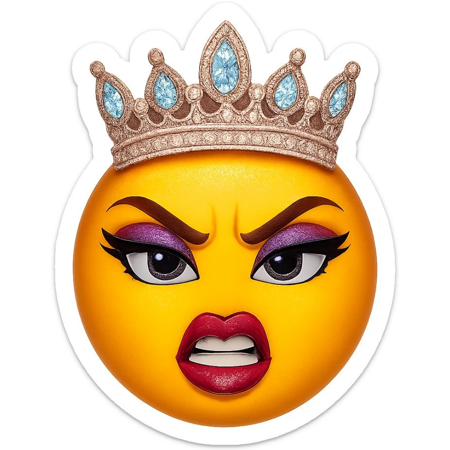 slay emoji, sparkling crown, fierce and fashionable, no background sticker
