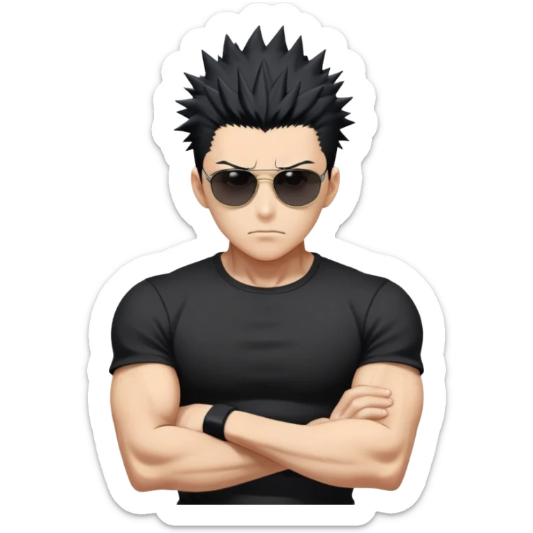 Satoru Gojo from Jujutsu Kaisen with spiky black hair, wearing form-fitting black t-shirt showing muscular build, confident expression, sunglasses on top of head sticker