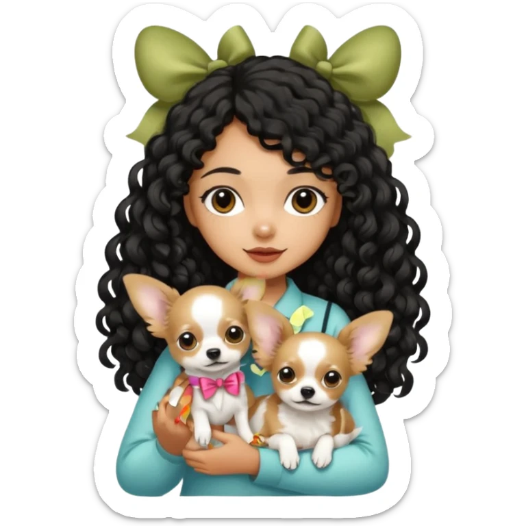 a girl light to medium tan skin with olive skin tone Long black curly hair cut butterfly carrying a white chihuahua dog with a cute ribbon sticker