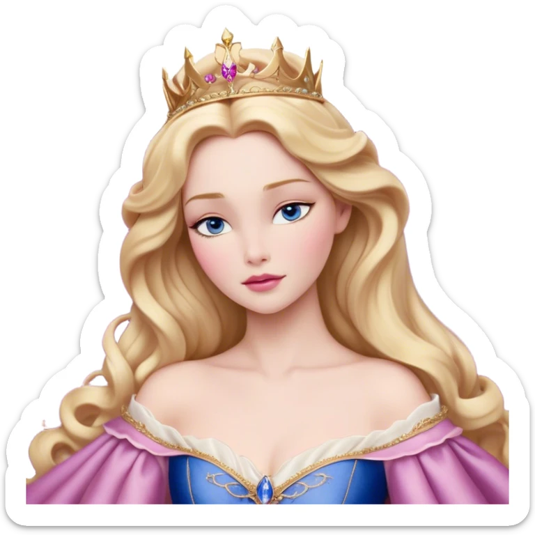 Cinematic Realistic Sleeping Beauty (Aurora) Portrait, with porcelain-like skin featuring a natural rosy flush, illuminated by soft lighting that highlights the gentle contours of her face. Her golden blonde hair flows in soft, detailed waves with subtle highlights that shimmer in the light. Her deep violet-blue eyes radiate warmth and innocence, framed by arched brows and long lashes. Her serene expression exudes quiet elegance. She is dressed in her classic pink gown, the fabric rich in texture with delicate folds that catch the light. A golden crown rests atop her head, gleaming with royal refinement. The portrait captures a soft, glowing aura, blending realism with an ethereal sense of beauty and timeless enchantment. sticker