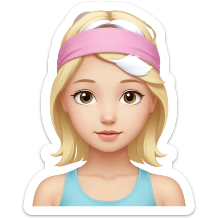 close-up of a beautiful angelic blonde girl's face, bright and serene expression, light pink yoga headband sticker