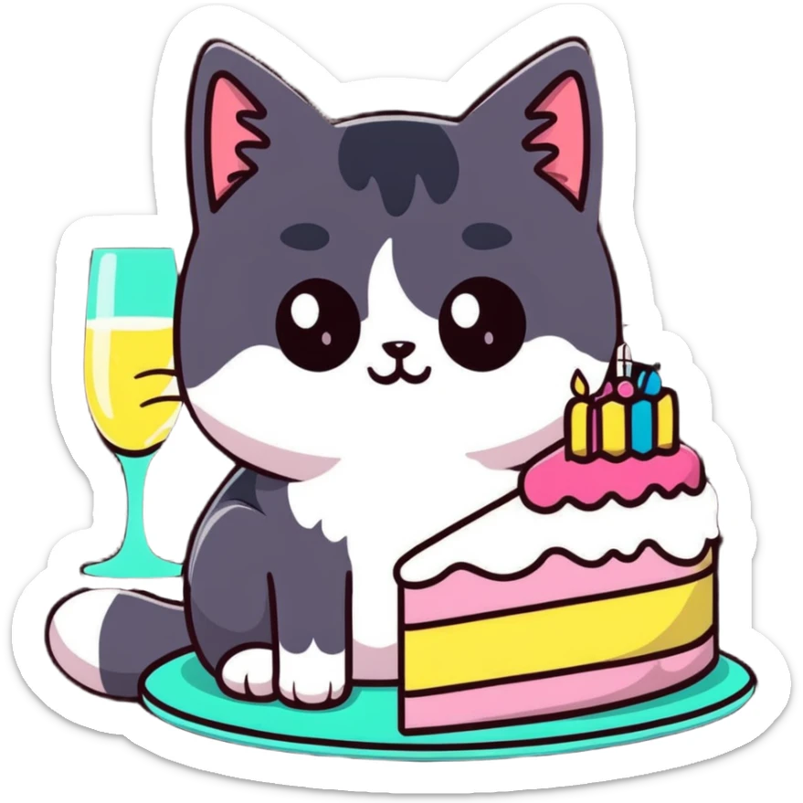 tricolor fluffy cat with big green eyes celebrating her birthday with a cake and champagne sticker
