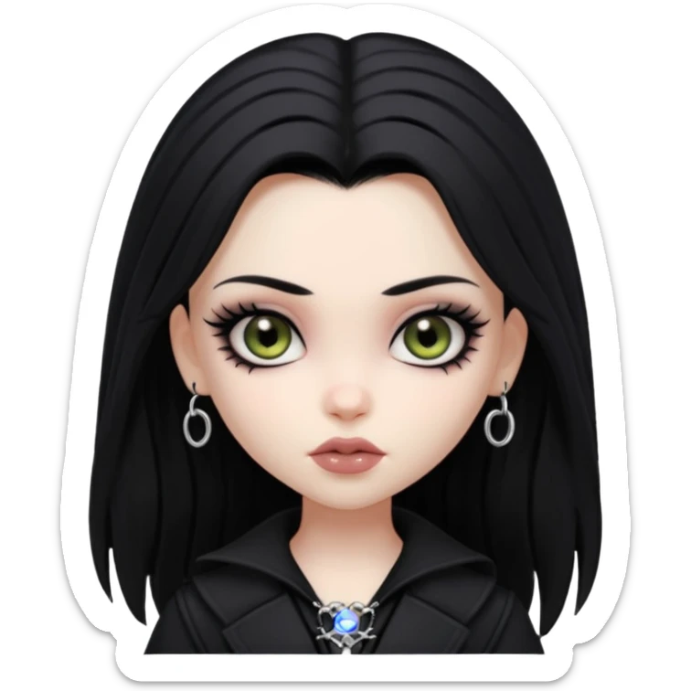 goth bratz baddie, beautiful hazel eyes, long black gothic hair styled, black goth clothes sticker