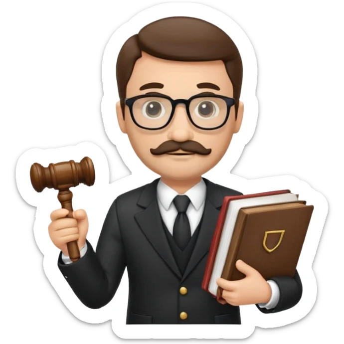 “Create a clean, modern emoji-style illustration of a male lawyer. He is wearing a formal suit jacket. He is holding a judge’s gavel in one hand and has a law book tucked under his arm. He has a mustache and a short beard, and he is wearing glasses. sticker