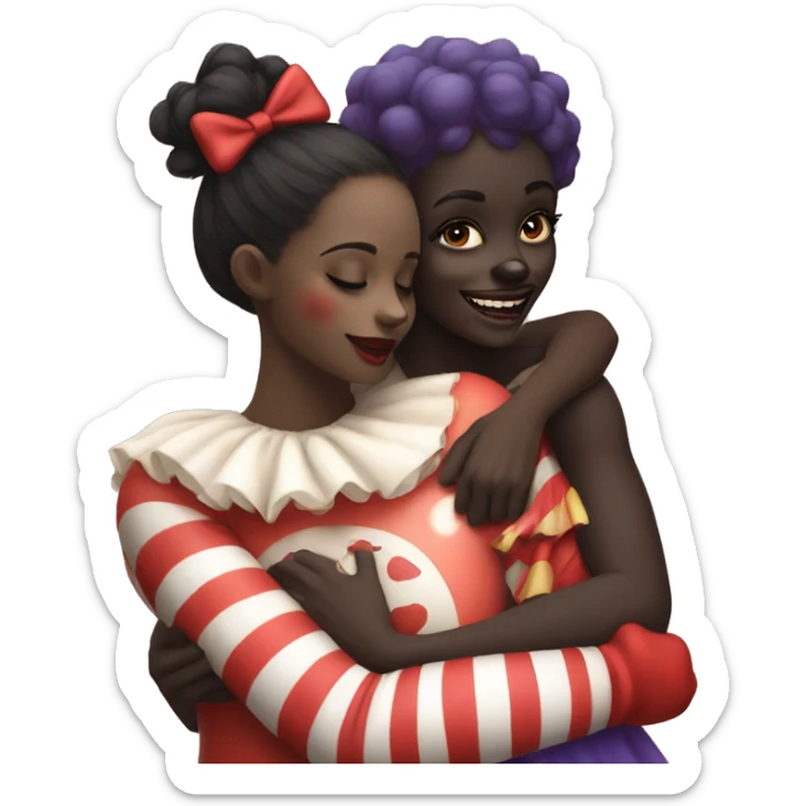 Dark skin girl hugging a clown, clown has on clown makeup, red nose,  sticker