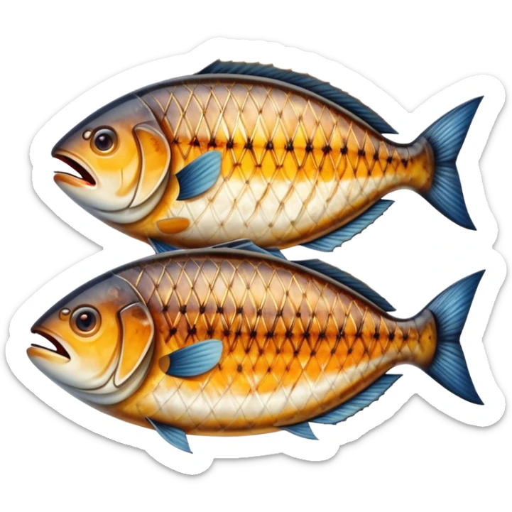 Gradele Cinematic Realistic Gradele Dish Emoji, depicted as 2 perfectly grilled fish with prominent grill marks and a smoky finish, rendered with vivid textures and dynamic, natural lighting. sticker