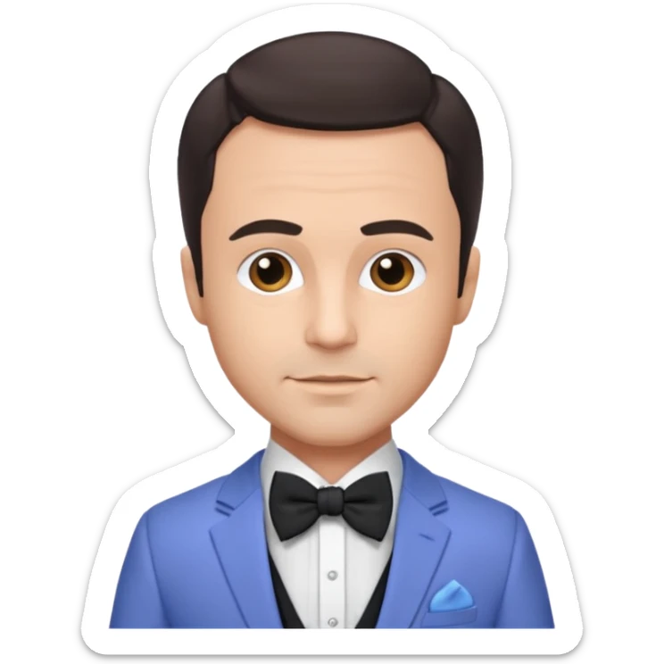 Freddie Prinze Jr with dark brown hair, periwinkle suit with bow tie sticker