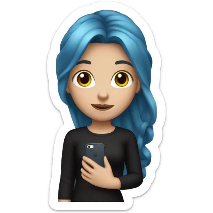 white skin girl with long blue hair in black clothes holding a phone sticker