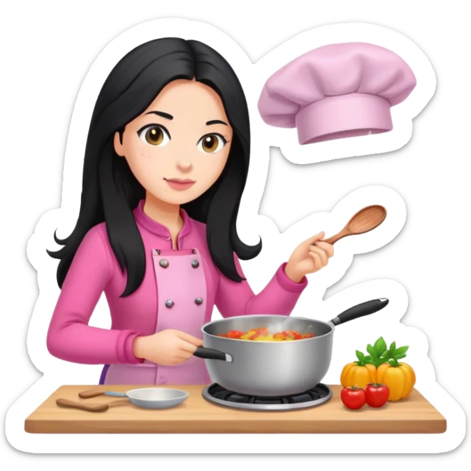 Long black hair girl with caucasian skin is cooking in pink clothes sticker