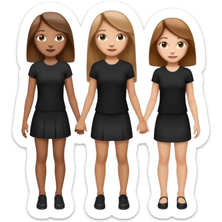 emoji of a girl with long, straight light brown hair, fair skin, soft brown eyes. Wearing a stylish black top and mini skirt. Full-height, standing confidently with shoulders back, head up, smiling proudly. Surrounded by 3 women next to her, holding hands. women are of diferent race sticker
