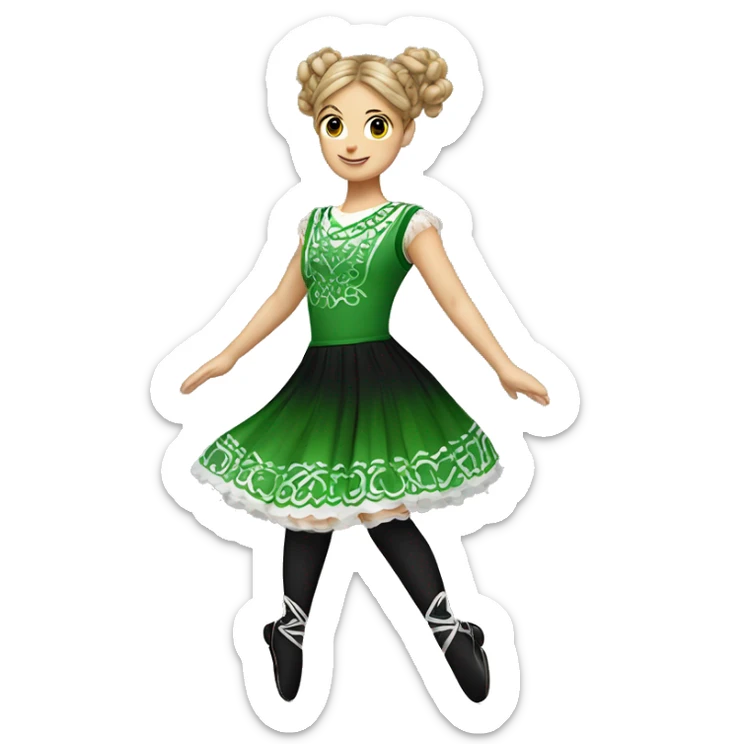 Draw an Irish dance in a solo dress with a bun wig wearing hard shoes and a solo dreas sticker