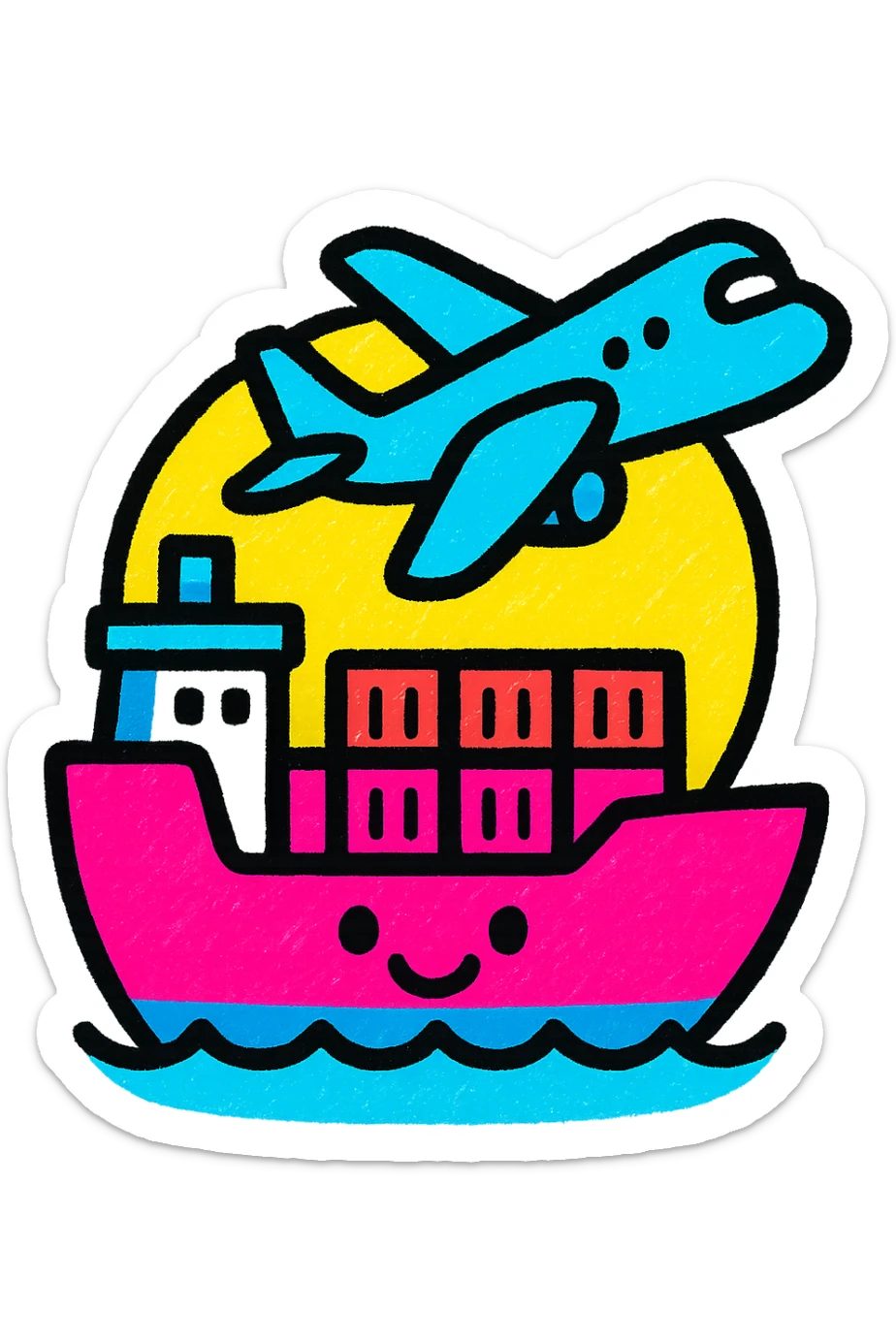 A bright and cheerful icon of a cargo ship and airplane symbolizing global partnership, using colors #1E90FF, #F13816, and #FFFFFF sticker