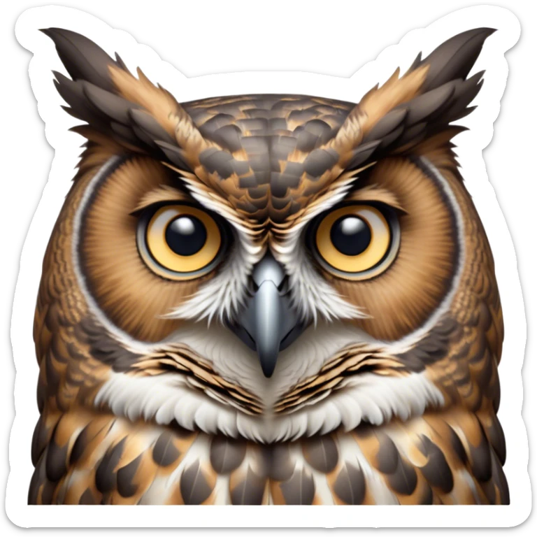 Cinematic Noble Great Horned Owl Portrait Emoji, Poised and regal, with a commanding, broad build and a richly mottled plumage of grays, whites, and subtle browns, deep-set soulful golden eyes, Simplified yet sharp and sophisticated features, highly detailed, glowing with a soft, dignified glow, high shine, intelligent and enigmatic, stylized with an air of nocturnal majesty, focused and attentive, soft glowing outline, capturing the essence of a watchful and confident raptor, so majestic it feels as though it could silently swoop out of the screen with effortless authority! sticker
