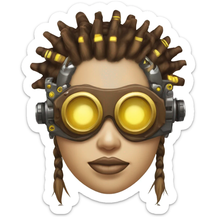 Brown with yellow streaks Mohawk hair female cyborg head, tan skin, steampunk goggles and circuits sticker