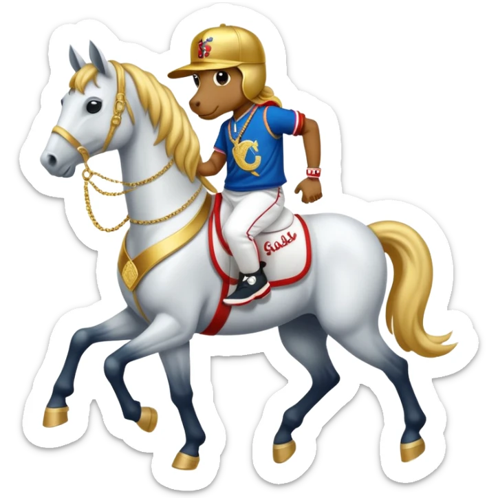 anthropomorphised horse dressed like a member of RUN DMC, hip-hop outfit, gold medal, baseball hat sticker