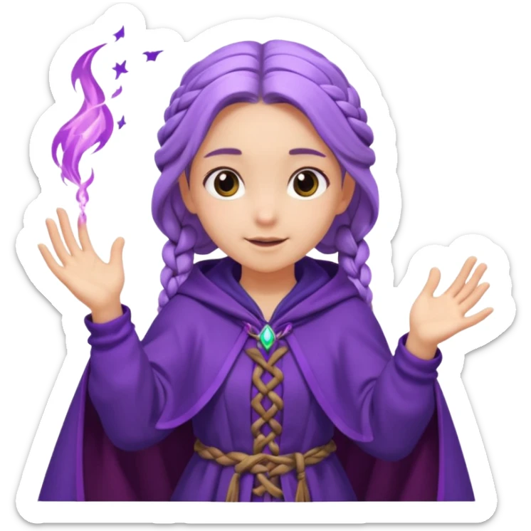 A playful mage girl with braids, purple cloak, and magic swirling around her hands.
 sticker