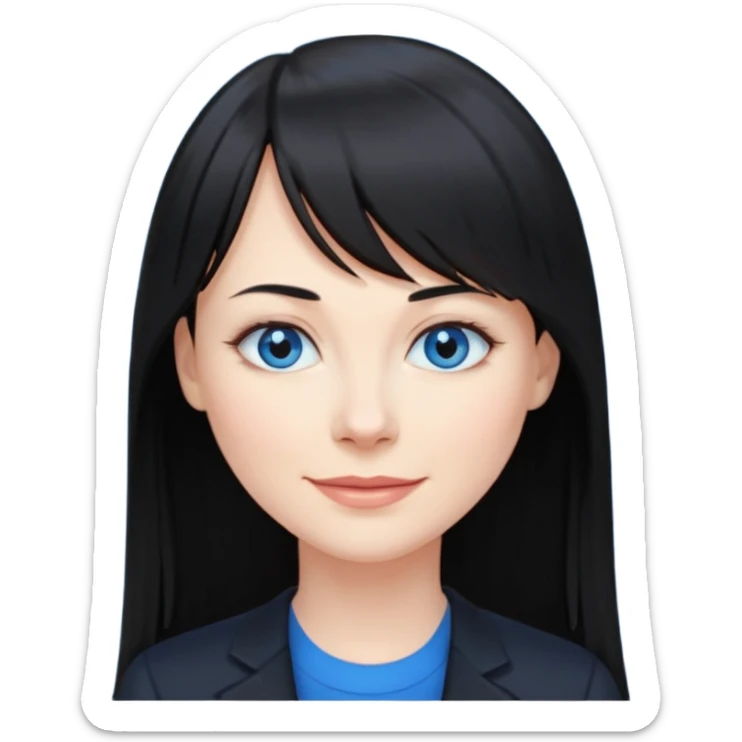 40 yr old woman long straight black hair, pale skin, blue eyes, black clothes, small smile, bangs sticker