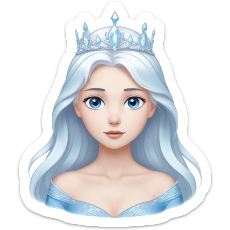 Cinematic Serene Snow Queen Portrait Emoji, rendered in a simplified vector style. Depict a gentle Elsa (chest and above) with delicate icy skin, softly cascading platinum hair, and calm, reflective blue eyes, dressed in her classic ice-blue gown. The image exudes a soft, luminous frosty radiance with high shine and a subtle glowing outline. sticker
