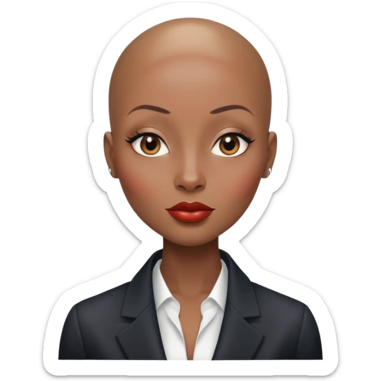 Gorgeous shiny girl no eyebrows wearing blazer Alluring black woman wide nose bald head big glossy lips sticker