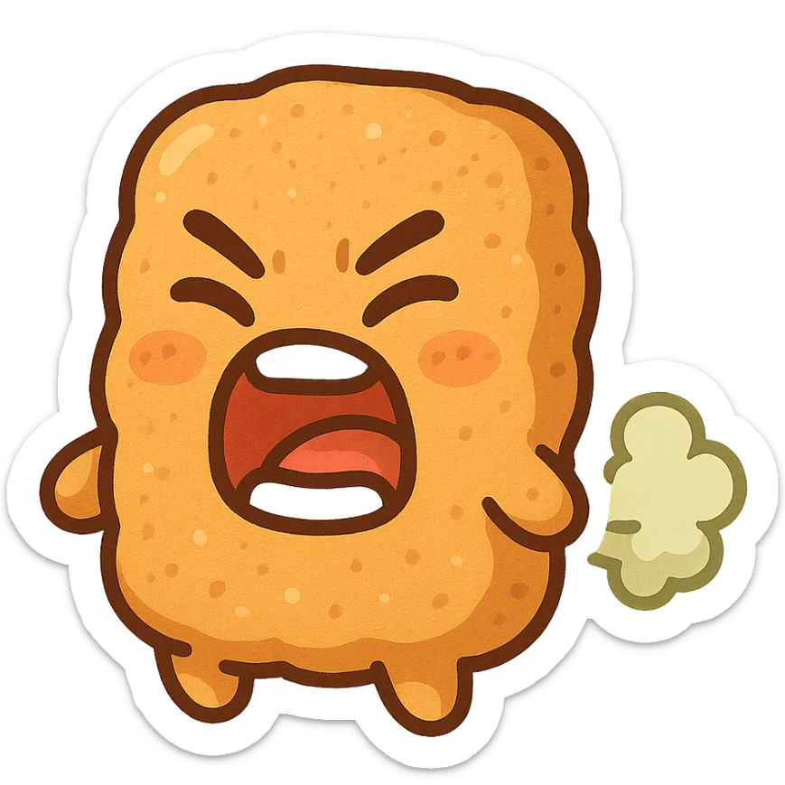 animated chicken nugget, mouth agape with teeth, releasing a fart cloud, fun and expressive style sticker