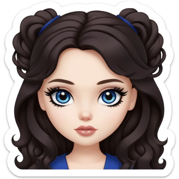 pretty bratz baddie, dark brown hair, black eyeliner, pale skin, dark brown clong wavy hair, dark blue  eyes sticker