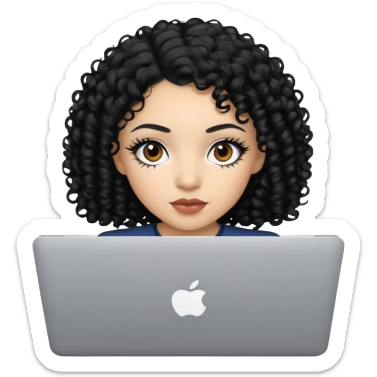 a girl using the mac book air with black curly hair and brown eyes with winged black eyeliner sticker