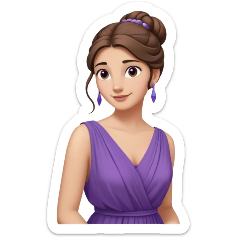 Femme aux longs cheveux bruns relevés en chignon lâche, robe violette fluide inspirée de la Grèce antique, regard en coin et sourire malicieux, style animation Disney sticker