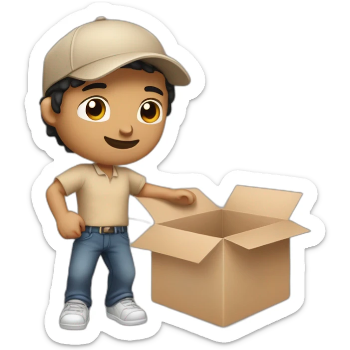 Tan skinned fit Man with black hair in a brown cap and beige polo T-shirt keeping a pasted box into his hands sticker