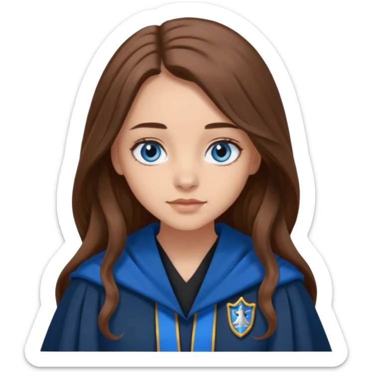 gorgeous Girl with light skin, blue eyes, long brown hair, wears ravenclaw black and blue robes  sticker