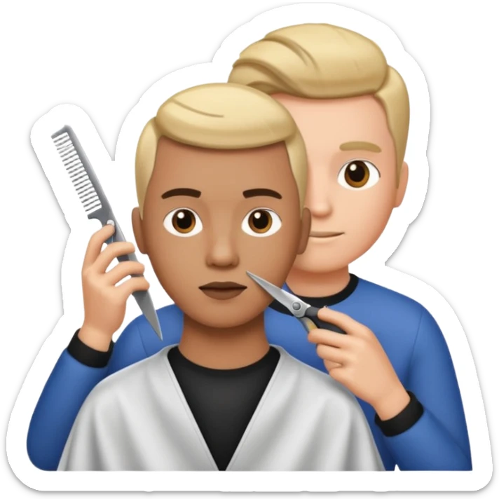 salon hair cut emoji, stylist cutting hair with comb and scissors, modern salon background sticker