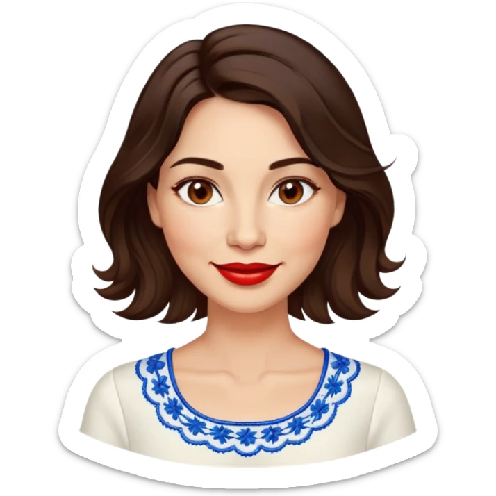 Confident 40-year-old woman with healthy glowing skin, round cheeks, warm smile, expressive light brown eyes, red lipstick, wavy dark brown shoulder-length hair, summery white top with blue embroidery and electric blue neckline sticker