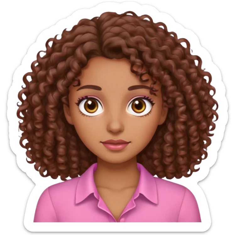 Morena cabello rizado café,ojos café blusa rosa facciones lindas sticker