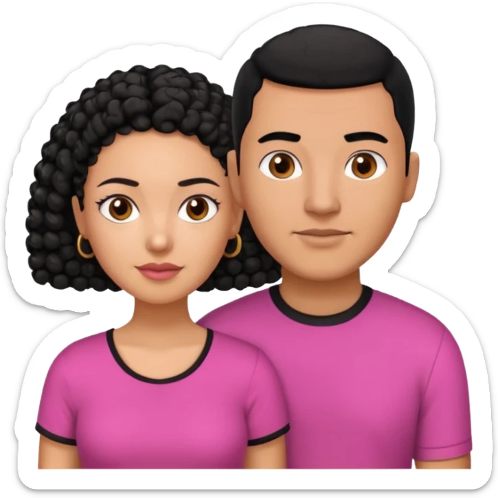 A picture if a couple, the man is a Mexican man with  black hair, a buzz cut and black shirt on.the woman is mixed with black and white, with curly hair and a pink shirt on sticker