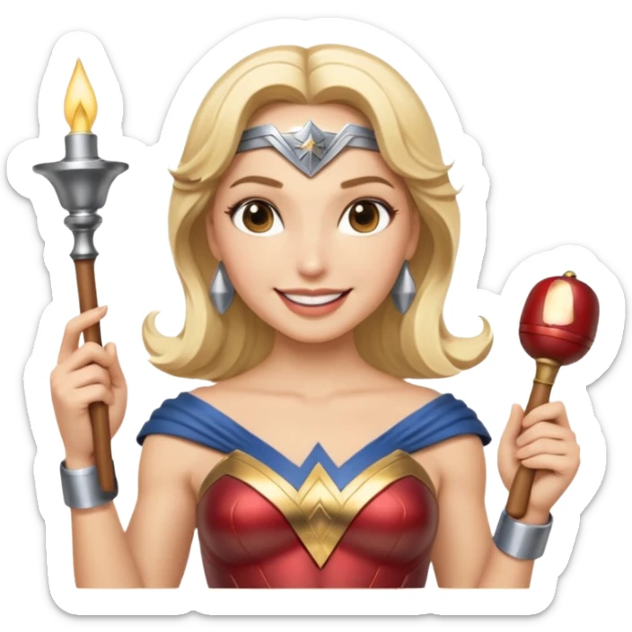 Blonde Wonder Woman holding short white orchestra conductor’s baton and bell sticker