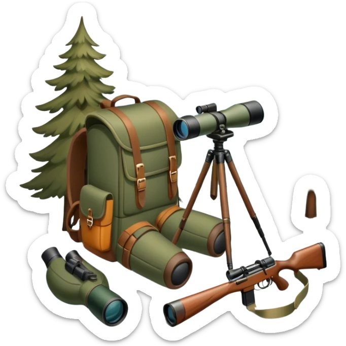 Icon for Hunting Tourism: a hunting rifle, binoculars, and animal tracks in the snow, with a forest background and a hunter’s backpack. The icon should represent the adventure and experience of hunting in nature. Transparent background. sticker