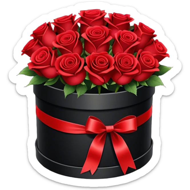 bouquet of 15 red roses in round black box with a red ribbon tied around the box sticker