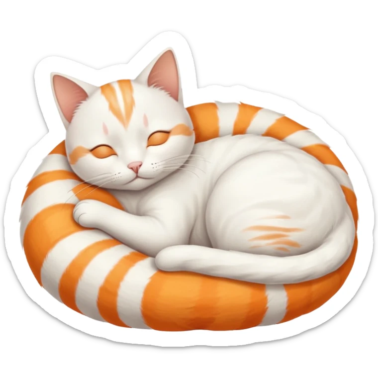 A white cat, curled up and asleep. Its fur has very faint orange stripes on the back and tail. sticker