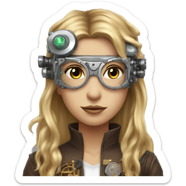 Brown long hair with blonde steaks female cyborg head, fair skin, steampunk goggles and circuits sticker