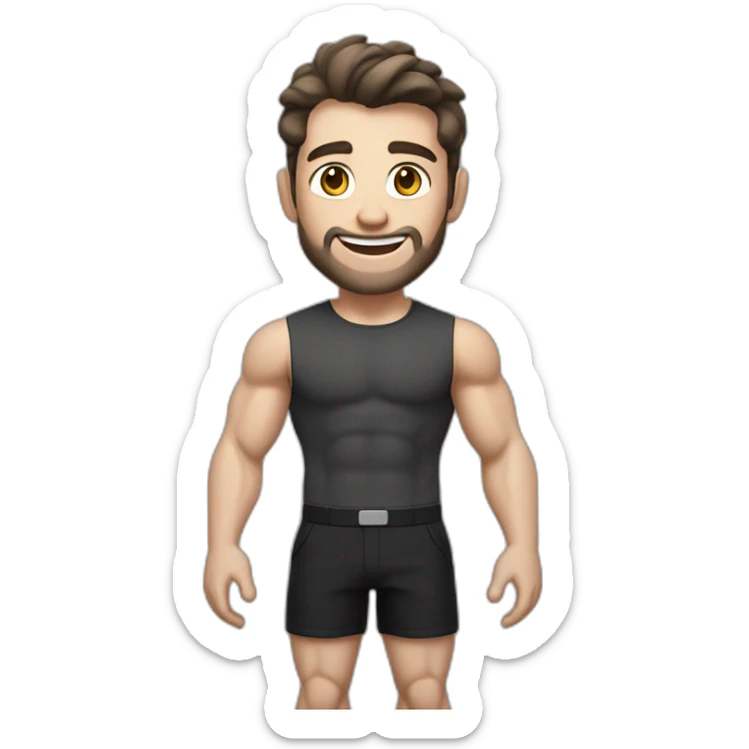 Joyful Pale skinned Fit Man With the biceps and dark brown hair in black shirt, gray sports shorts and white Sneakers sticker