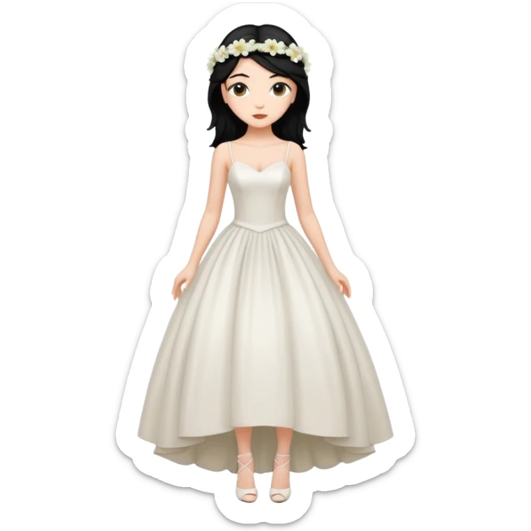 Chica blanca,cuerpo entero, vestido boda  tirantes finos y cuerpo estrecho, pelo negro recogido con mechones y zapatos tacon y 1 flor en la cabeza sticker