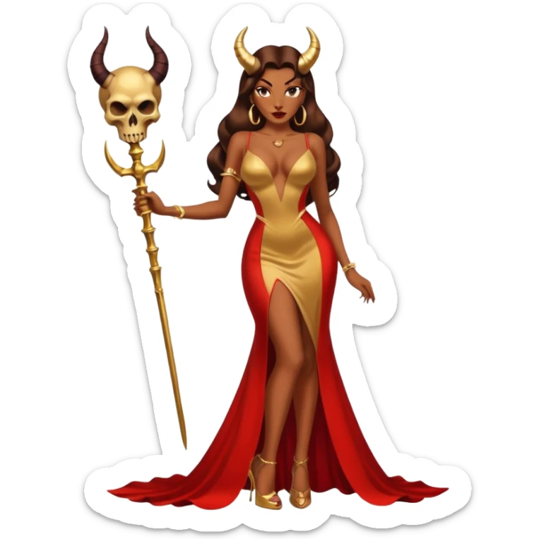 Sexy, playboy woman brown courtly hair seductress devil horns gold long dresss with slit, Jessica rabbit style holding a skull  sitting on top of gold wearing tall platform heels sticker