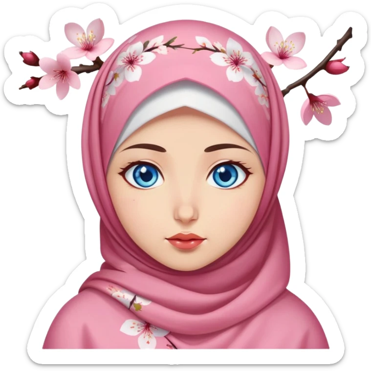 Turkish beautiful finish Konya girl blue eyes with cherry blossom floral hijab islamic dress and with Drooling face sticker