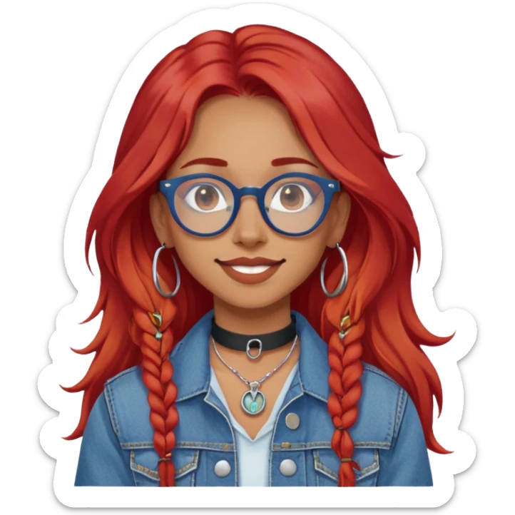 young woman with long red hair, blue glasses, septum ring, choker, denim jacket, neutral smile, olive white skin sticker