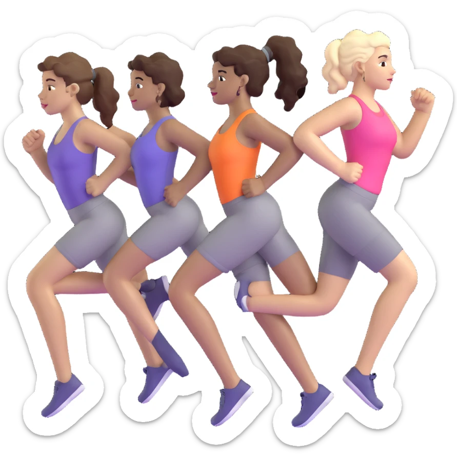 three women friends exercising together, one black woman with curly brown hair, one pale white woman with curly brown hair, and one pale white woman with straight brown hair in a ponytail sticker