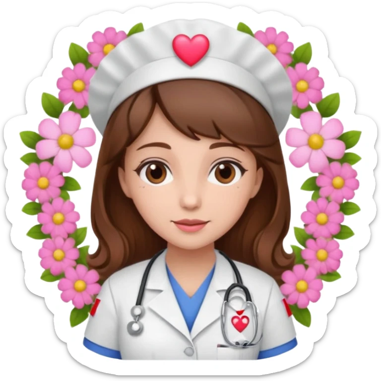 Brown hair Nurse with pink heart and flowers surround her head sticker