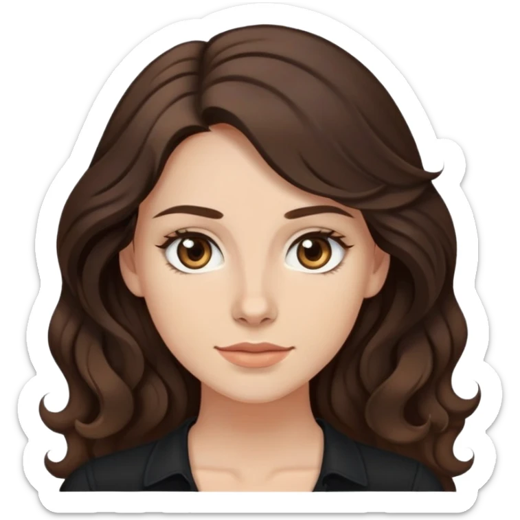 27 year old Caucasian woman with fair skin, brown eyes, long wavy dark brown hair, wearing a black top with a button sticker