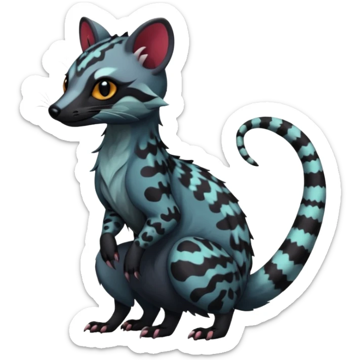 Rare warm-colored exotic edgy cute epic aesthetic spooky dark gothic colorful Genet-Salandit-Civet-species-Fakemon-hybrid-creature, with beautiful intricate markings, full body sticker