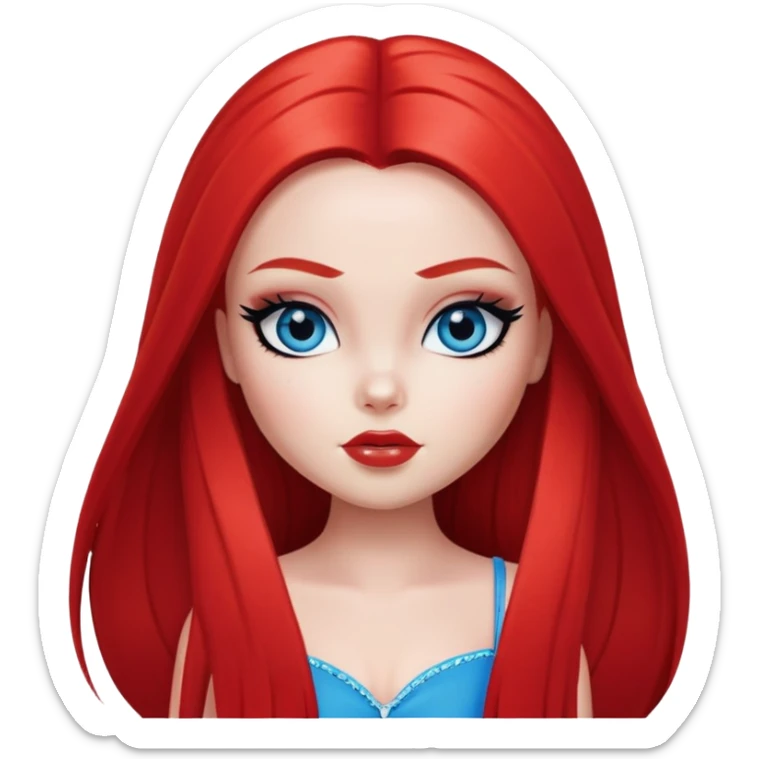 pretty bratz girl, bright red straight long hair, blue eyes, black eyeliner, white skin sticker